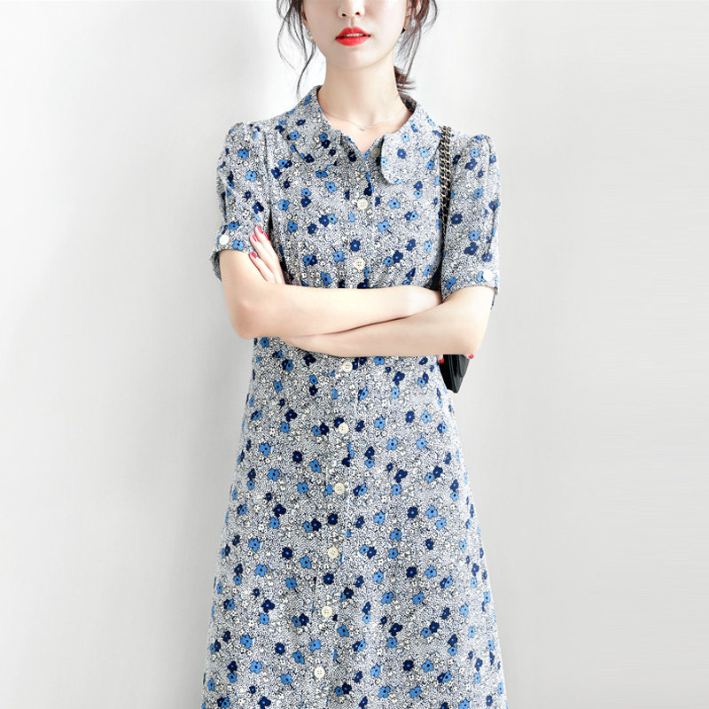 JOLIMENT blue floral printed women's 2021 Summer new elegant retro POLO collar short sleeve balloon skirt