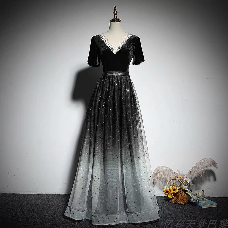Black Evening Dress for Women, Piano Dress, Gradient Starry Sky Style, Choir Conductor Performance Outfit, Banquet Host Black Evening Dress for Women, Piano Dress, Gradient Starry Sky Style, Choir Conductor Performance Outfit, Banquet Host