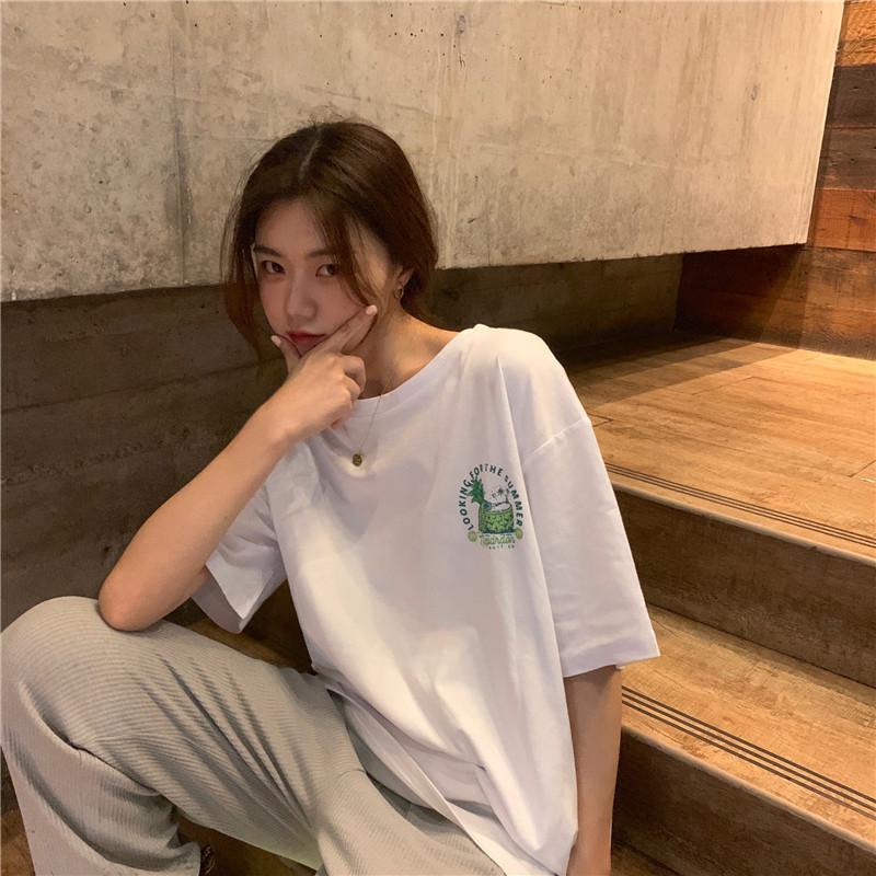 Real shot spring and summer Korean pineapple Island print loose and versatile Casual Short Sleeve T-shirt for women