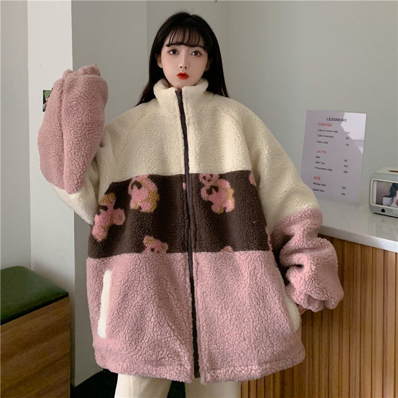 Real shot lamb hair bear cotton padded jacket 2020 new women's loose Korean color contrast stitched cotton jacket