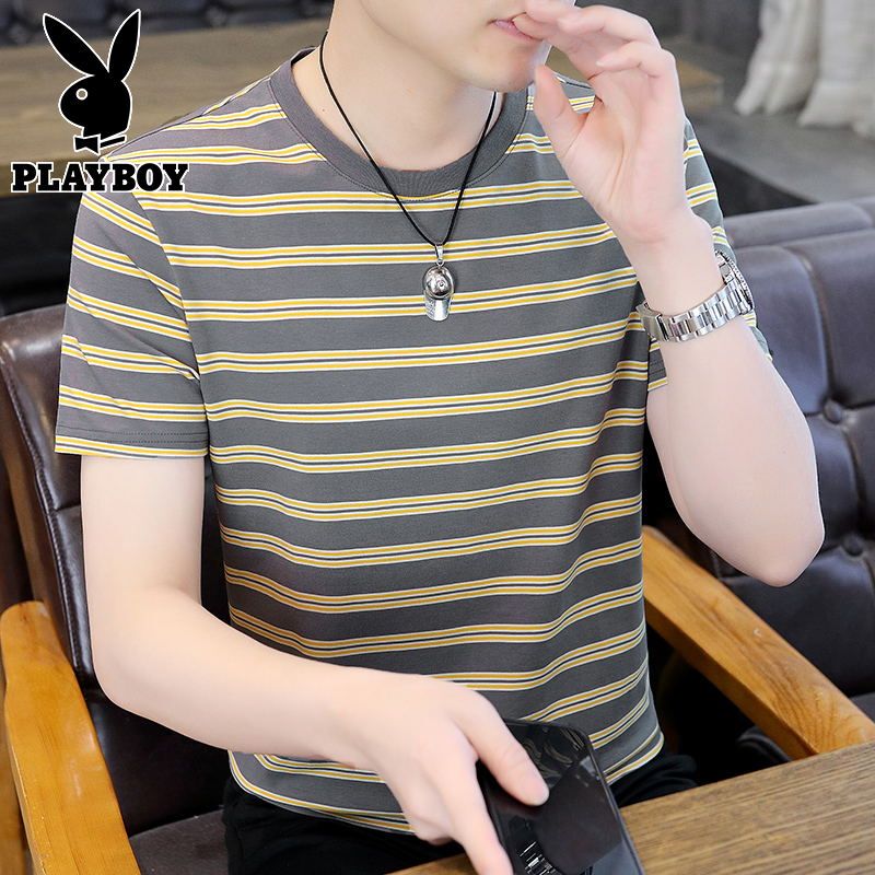 Playboy Striped Short-Sleeve T-Shirt for Men 2026 Summer High-End Pure Cotton Crew Neck Half-Sleeve Quality Top