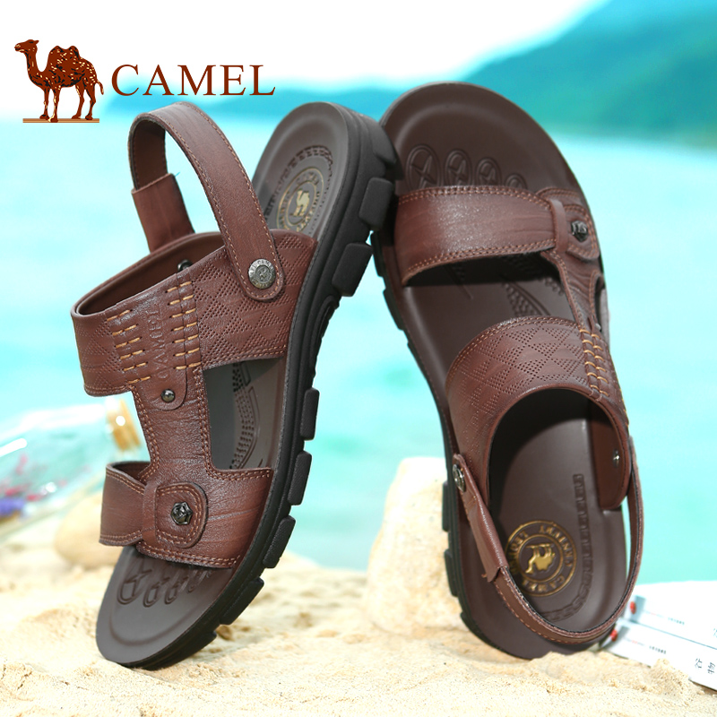 Camel/骆驼凉鞋男2017夏季新款牛皮露趾沙滩鞋真皮休闲男士凉拖鞋