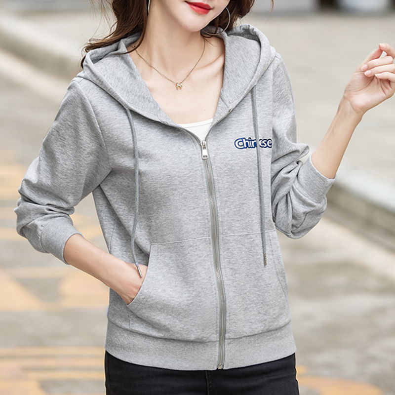 New Spring and Autumn Zip-Up Cardigan Pure Cotton Hooded Sweatshirt for Women with Pockets, Long-Sleeved Casual Loose Sports Hooded Jacket