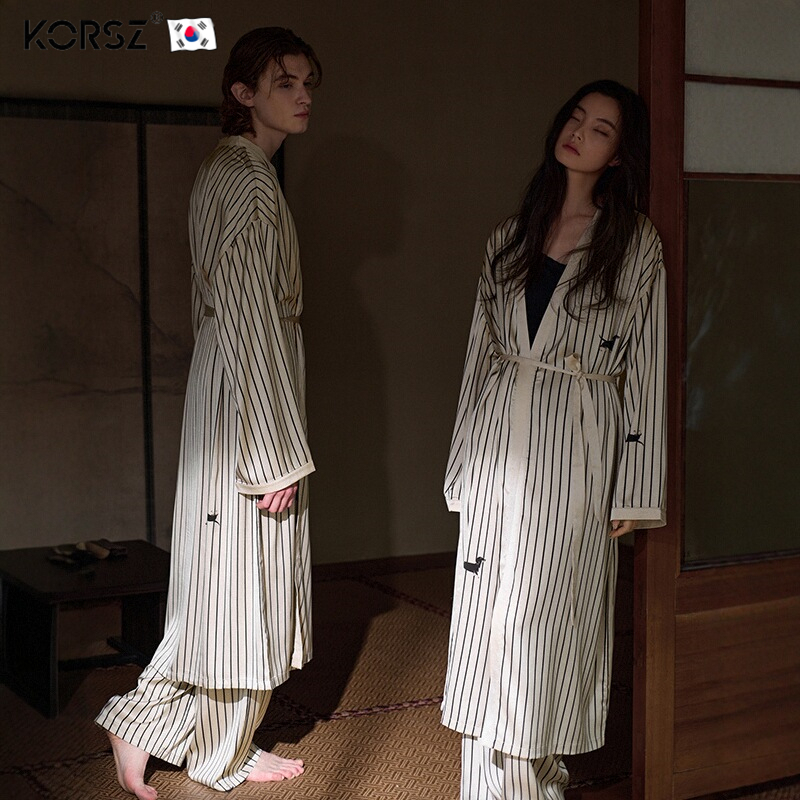 Dilraba Couple Pajamas Women's Spring and Autumn Silk Striped Robe Bathrobe Dressing Gown Men's Nightgown Loungewear Set