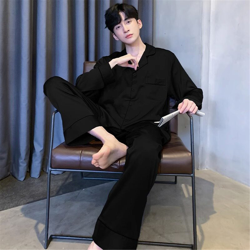 Pajamas for Men, Spring and Autumn Thin Ice Silk Long-Sleeved Pants, Summer Black Silk Can Be Worn Outside, Home Wear Men's Suit