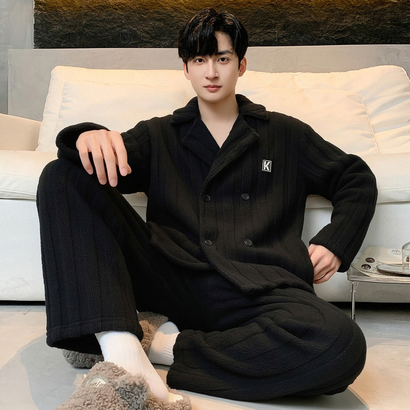 Korsz Men's Pajamas Autumn and Winter Thickened Lamb Wool Warm Coral Fleece Loungewear Set Can Be Worn Outside Black Korsz Men's Pajamas Autumn and Winter Thickened Lamb Wool Warm Coral Fleece Loungewear Set Can Be Worn Outside Black