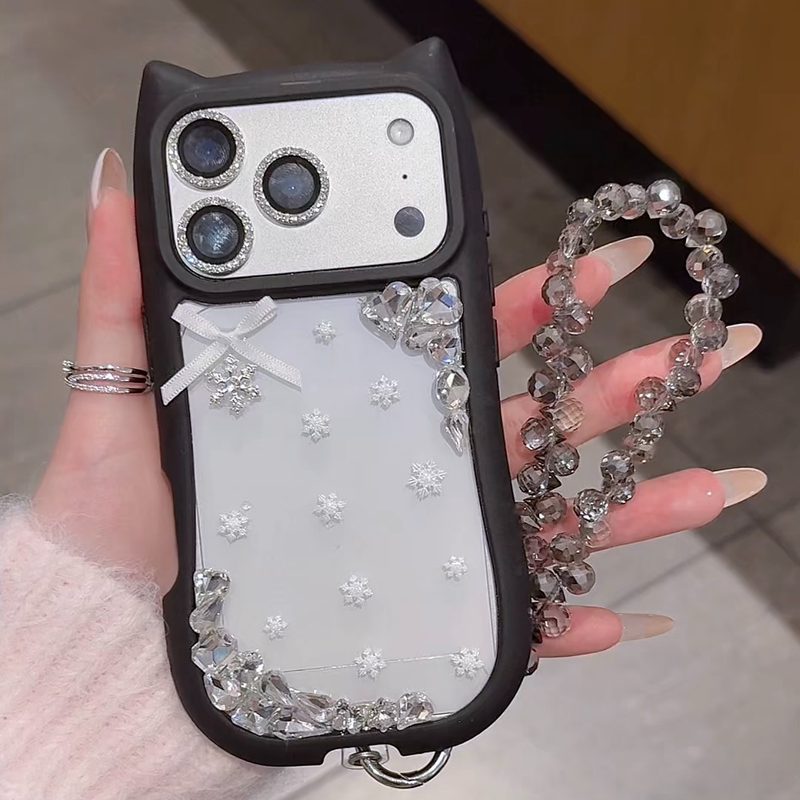 Cute Black-Edged Cat Ears with Snowflake Sparkling Diamonds Suitable for Apple Iphone17/16Promax Phone Case iPhone 16 /14Promax Transparent Apple 15/13Promax Bow Tie