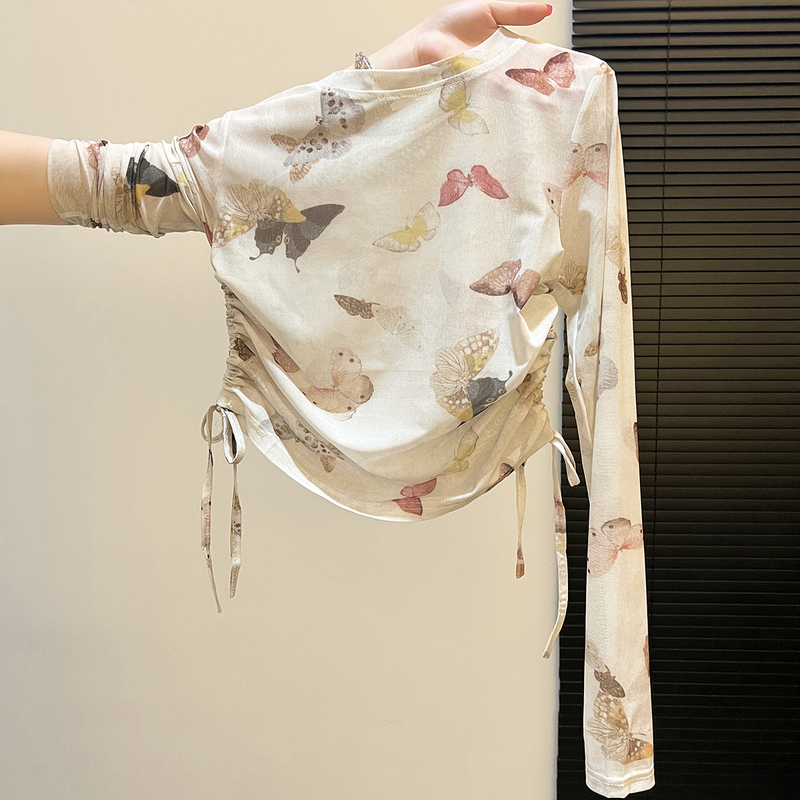 Korean-Style Butterfly Print, Very Beautiful Mesh Top, Early Autumn Design, Drawstring Waist, Slimming Short T-Shirt