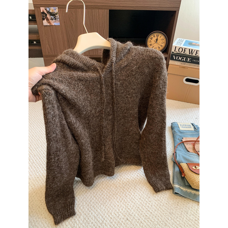Korean-Style Old Money Style Hooded Knitted Sweater for Women, Autumn Loose and Lazy Style, Thickened for Warmth, Soft and Fashionable Outerwear Top