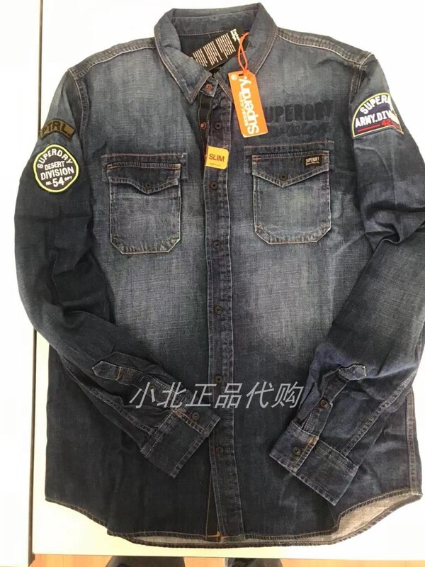 Superdry Extremely Dry-Look Youth Embroidered Long-Sleeve Shirt Casual Solid Color Washed Denim Shirt for Young Men