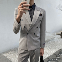 Mens double-breasted suit slim stripe business dress jacket youth trend handsome casual small suit jacket