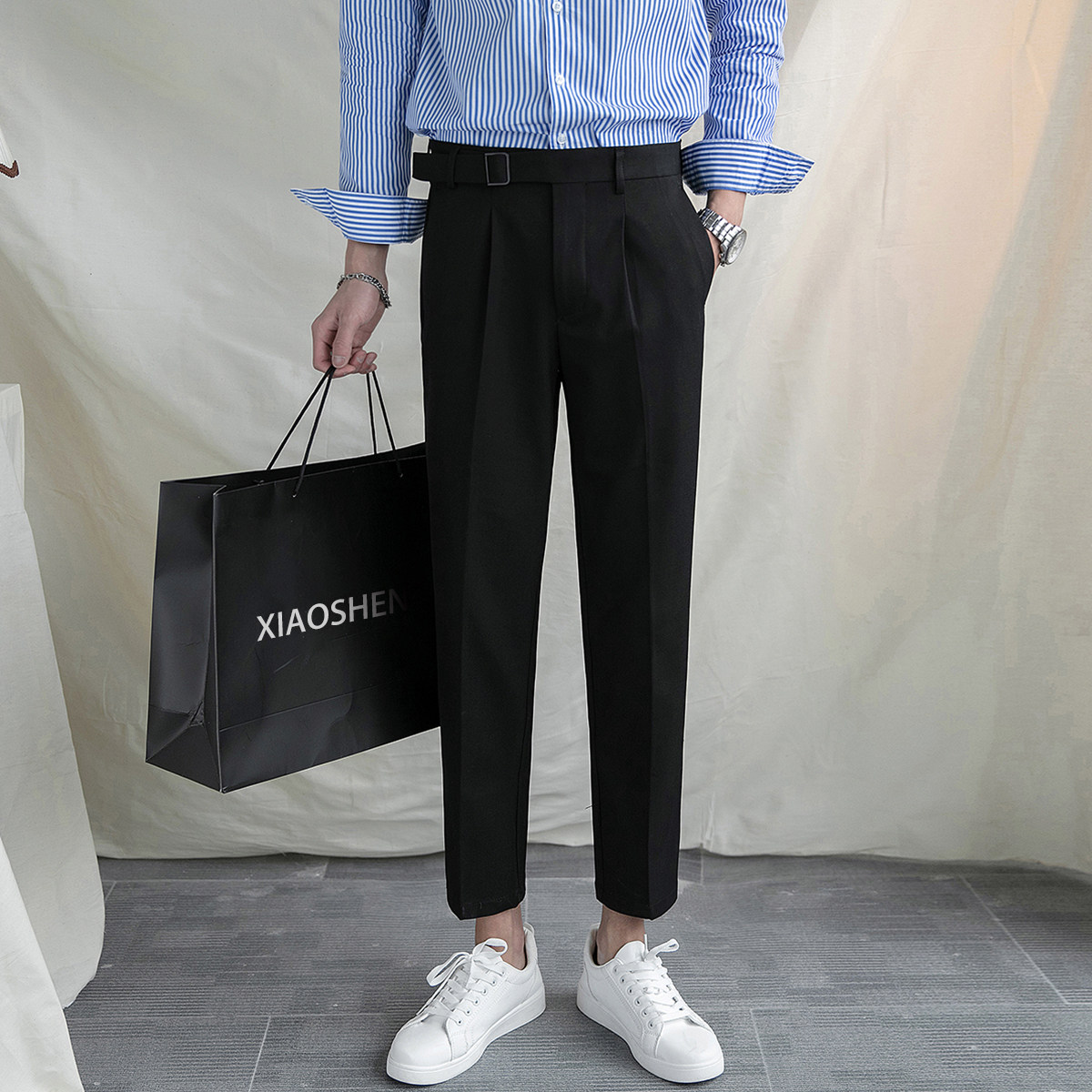 Casual trousers men's Korean slim fit trend formal nine-point suit pants men's summer youth drop sense small feet pants