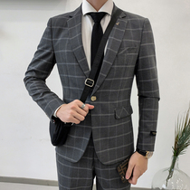 Mens plaid casual suit jacket mens trend slim British business dress handsome versatile small suit jacket