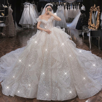 One-word shoulder main wedding dress 2021 French bride new Starry Sky Palace temperament small man tail pregnant woman light