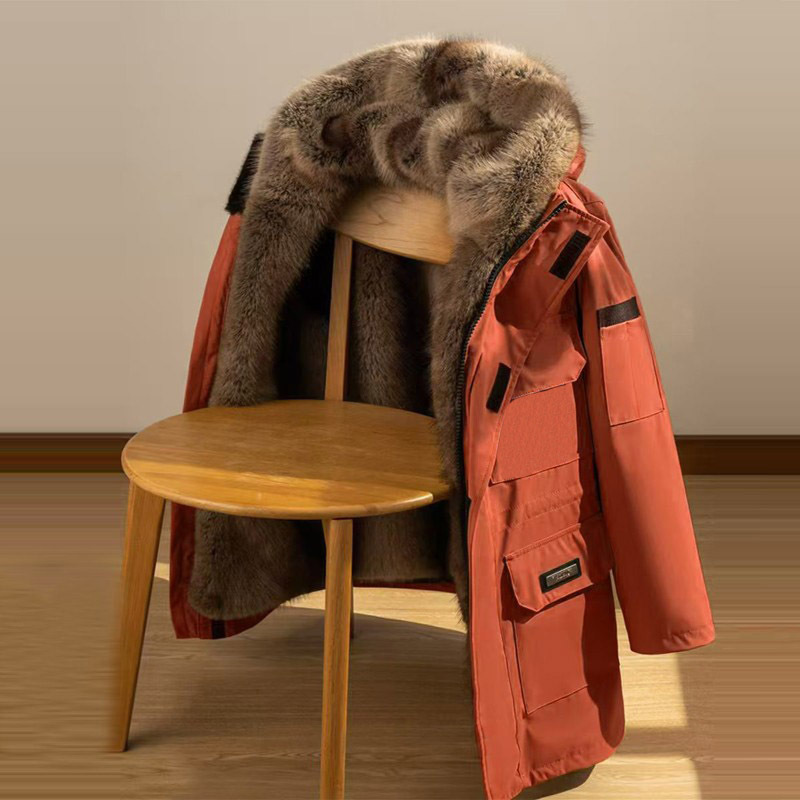 Men's Parka Mid-Length Coat with Detachable Mink Liner, Thickened Fur Integrated Military Coat, Winter Cotton-Padded Jacket
