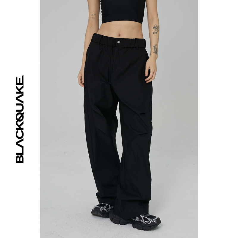 Black Earthquake [Uranus] Metal Buckle Decorated Twill Draped Pleated Silhouette Long Pants Casual Pants