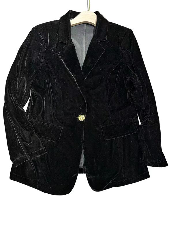 Xinjie's New Stylish and Elegant Plus-Size Slimming Women's Suit, Casual Velvet Black Jacket Suit