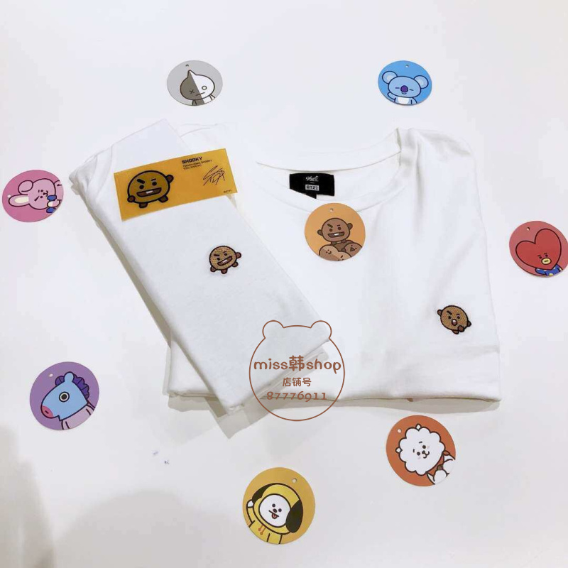 Hàn Quốc mua BTS chống đạn nhóm thanh niên BT21 nam giới và phụ nữ vài mô hình thêu trắng ngắn tay T-Shirt hai mảnh mùa hè áo phông có cổ nữ