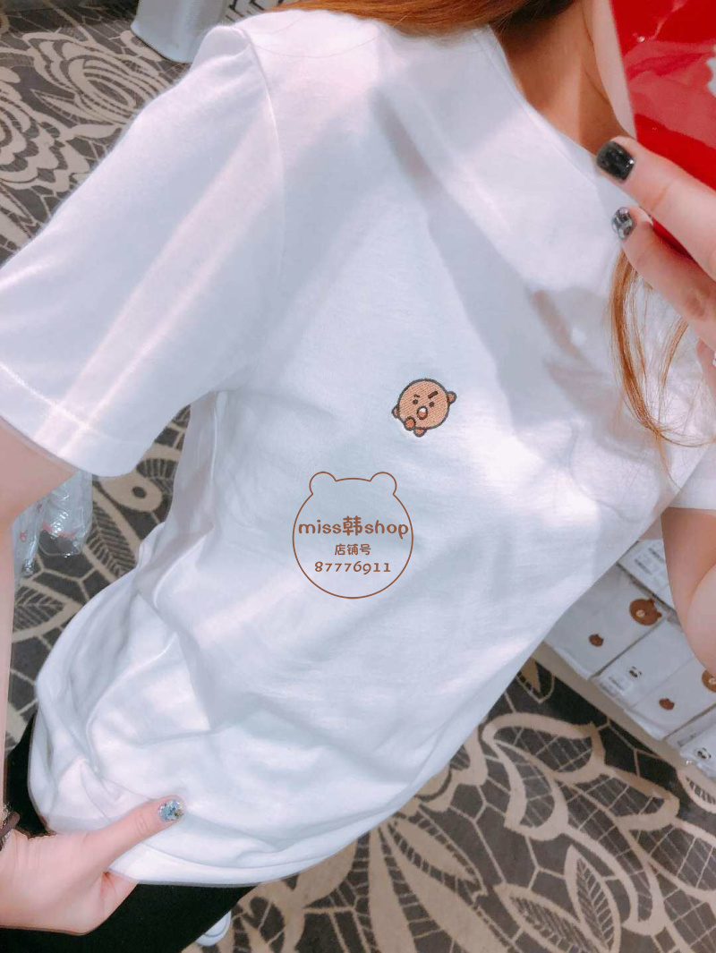 Hàn Quốc mua BTS chống đạn nhóm thanh niên BT21 nam giới và phụ nữ vài mô hình thêu trắng ngắn tay T-Shirt hai mảnh mùa hè áo phông trơn