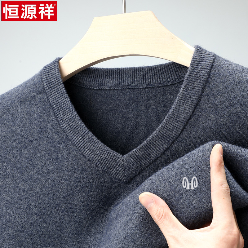 Hengyuanxiang 100% ピュアカシミヤセーター メンズ Vネック 冬用 厚手セーター ハートネック ゆったり メンズ ニットウールセーター