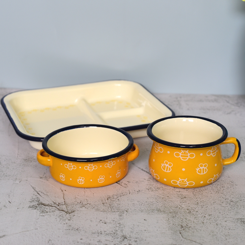 Children's Enamel Tableware Enamel Mouth Cup Bowl and Dish Steak Dining Plate Household Dish Flat Plate Bowl Rice Bowl