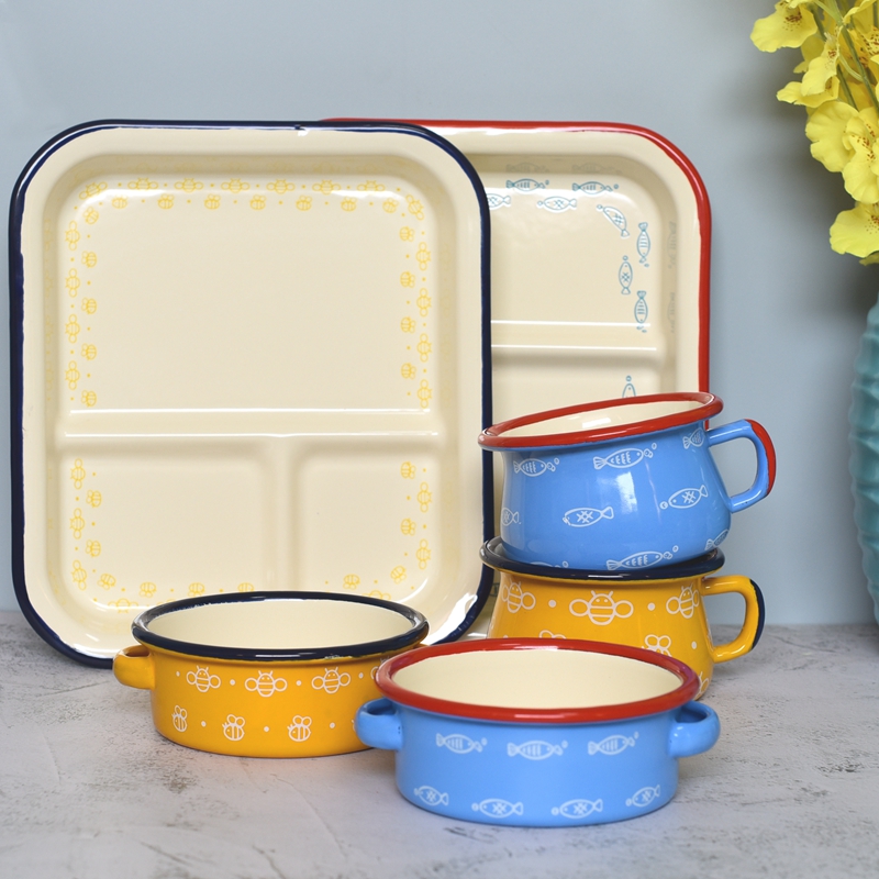 Children's Enamel Tableware Enamel Mouth Cup Bowl and Dish Steak Dining Plate Household Dish Flat Plate Bowl Rice Bowl