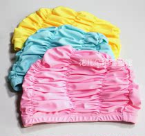 New solid color pleated pink blue yellow elastic long hair childrens ear protection boy girl big head swimming cap