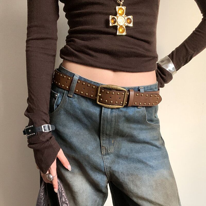 Mk&Dk Women's Belt for Jeans, Brown Women's Belt, American Retro Studded Y2K Niche Millennial Versatile