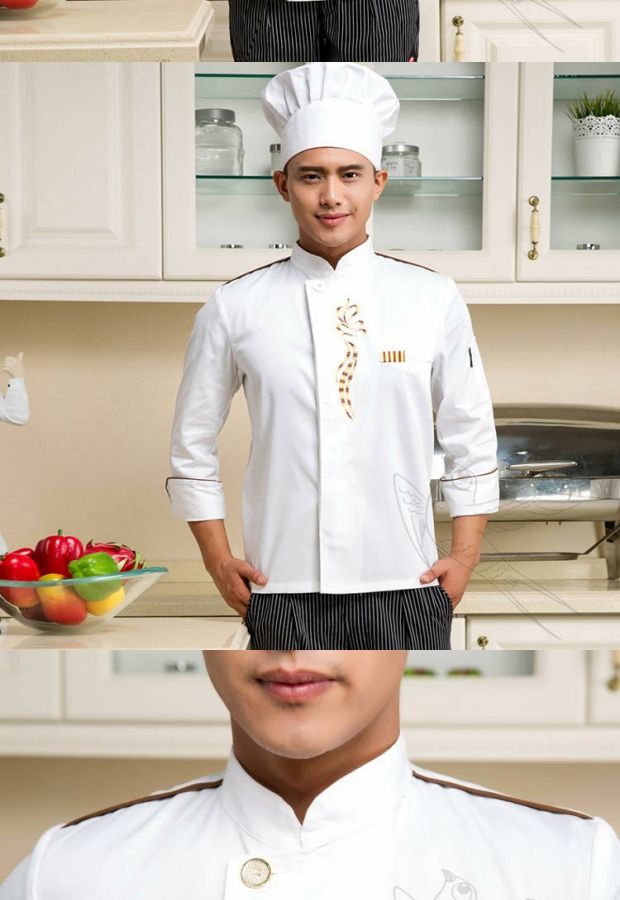 Set Chefs Wear dài tay Nhà hàng khách sạn ba mảnh Quần áo bảo hộ lao động Chefs Set với mũ mùa hè đồ bộ kiểu
