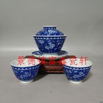 Jingdezhen factory goods porcelain Peoples Porcelain Factory blue and white hand-painted cold kiln style plum blossom three-head tea set tea bowl tea cup