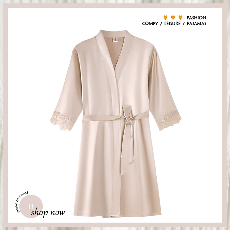 Langsha Ice Silk Nightgown for Women, Summer Three-Quarter Sleeves, Lace-Up, Sexy, High-End, Cool Silk Lace Dressing Gown, Bathrobe, Sleepwear