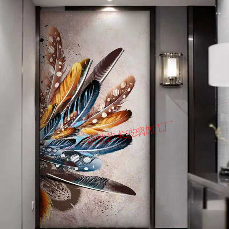 Art Glass Living Room Seasonal Partition Stereo Engraving Custom Sculpture Tempered Glass Screen Background Feather