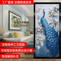 Customized craft art glass tempered entrance partition screen double-sided relief mechanism aisle background blue peacock