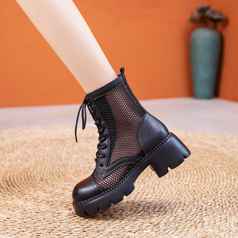 Martin Boots for Women, Summer Thin Style, 2026 New Model, Mesh Breathable Short Boots, Thick Sole, Height-Increasing, Hollow Genuine Leather Sandals