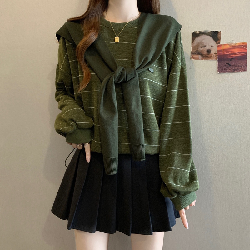 College Style Youthful Green Striped Knit Sweater for Women, Autumn Round Neck Shawl with Tie Design, Long Sleeve Trendy Top College Style Youthful Green Striped Knit Sweater for Women, Autumn Round Neck Shawl with Tie Design, Long Sleeve Trendy Top