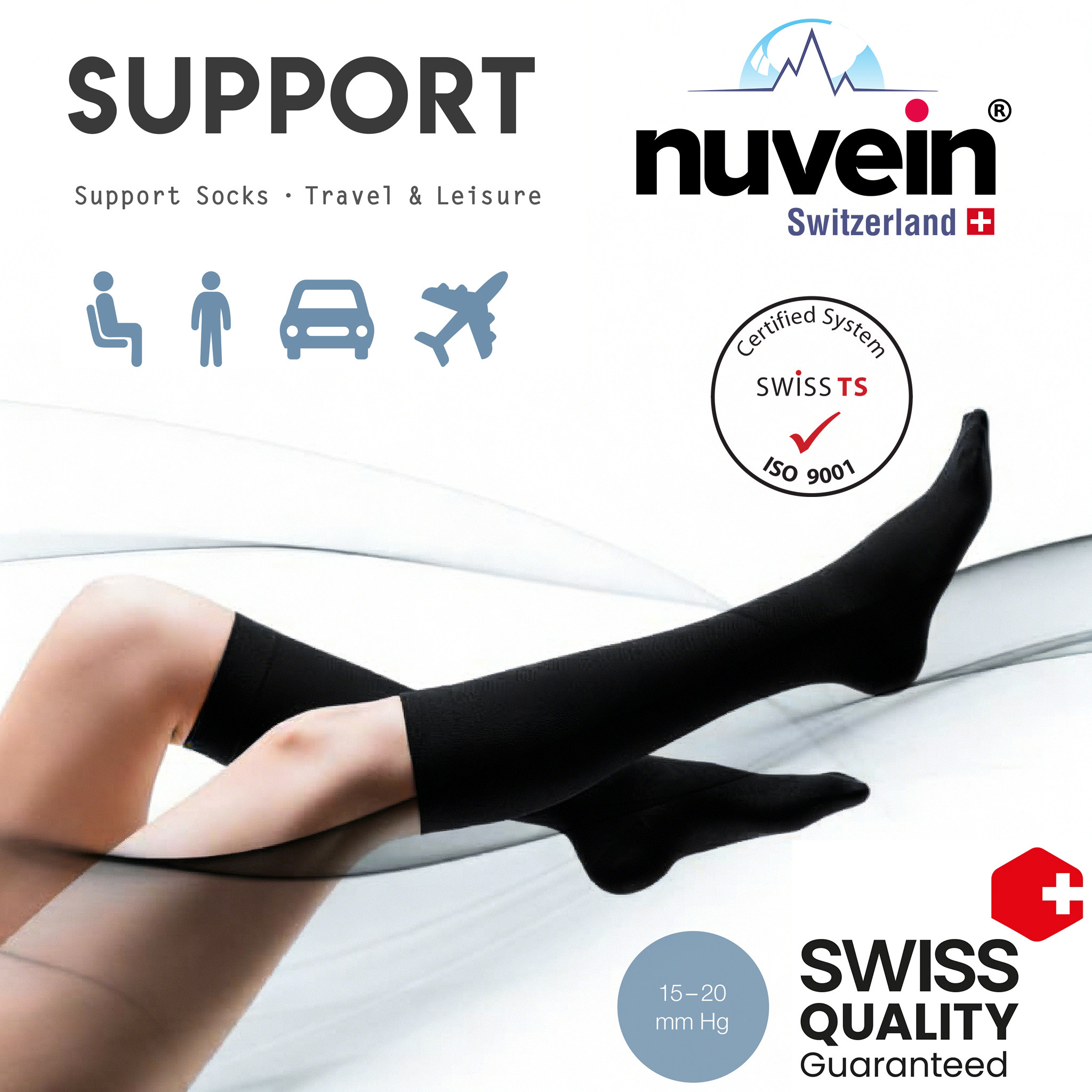 Nuvein スイス製長距離フライト用着圧ソックス。快適で通気性に優れた伸縮性のあるミッドカーフソックス（女性用）。