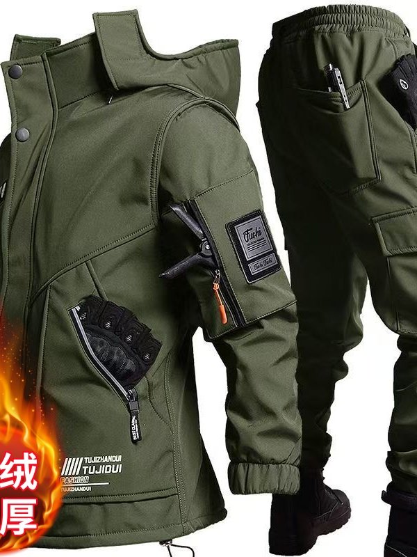 Fleece-Lined Workwear Softshell Jacket Set for Men, Winter Cold-Proof, Warm, Waterproof, Windproof, Thickened Cycling and Mountaineering Clothing