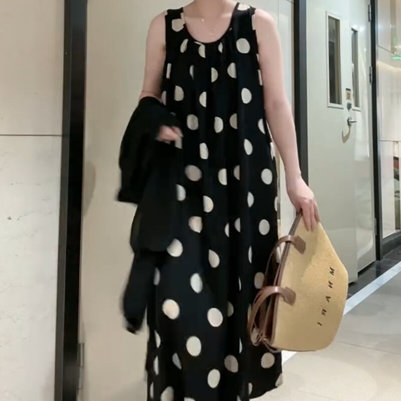 2025 Autumn and Winter Hong Kong Style Retro Polka Dot Color-Block Loose Sleeveless Vest Long Dress Women's Slit Elegant Dress