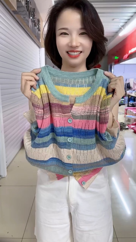 Round Neck Short-Sleeved Knitted Cardigan for Women, New Summer Style, Rainbow Striped Stylish Top, Korean Version, Versatile Slimming Top, Trendy