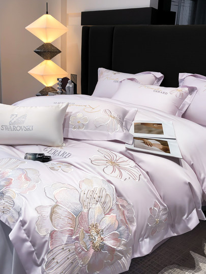 Vierteiliges Set aus langstapeliger Baumwolle der Klasse A, 200-fädig, aus reiner Baumwolle, einfache, hochwertige Bettbezüge mit Blumenstickerei