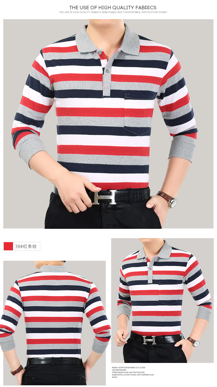 Mùa thu mới nam dài tay áo thun cotton sọc ve áo nam POLO sơ mi giản dị bố trung niên áo thun nam trung niên