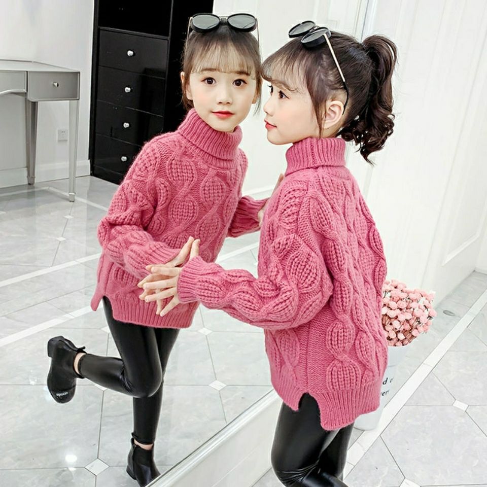 Girls thickened Western style turtleneck sweater autumn and winter baby lantern knitted sweater in the big boy Korean version of the warm top