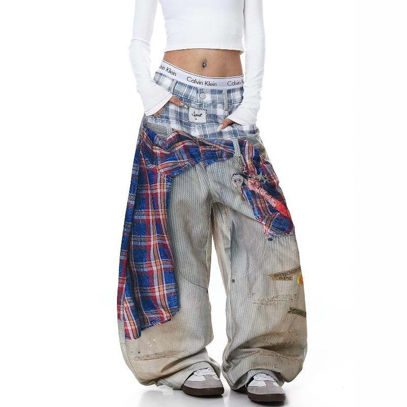 American-Style 3D Printed Faux Two-Piece Plaid Scarf Distressed Scimitar Jeans Unisex Design Wide-Leg Banana Pants