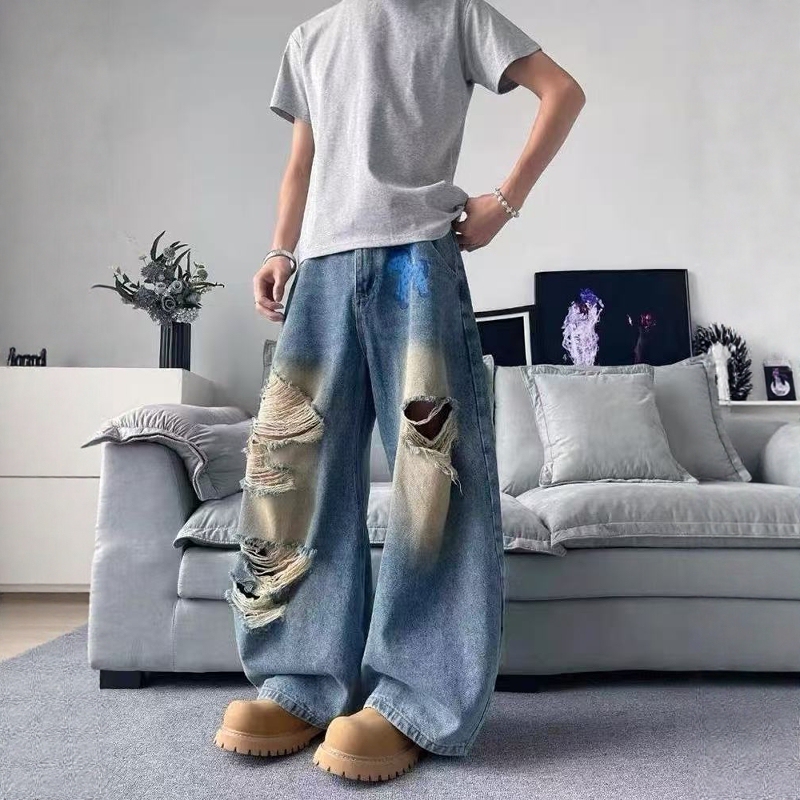 American Street Style Dirty-Dyed Distressed Ripped Scimitar Jeans for Men and Women, Summer Design, Loose Wide-Leg Floor-Length Pants