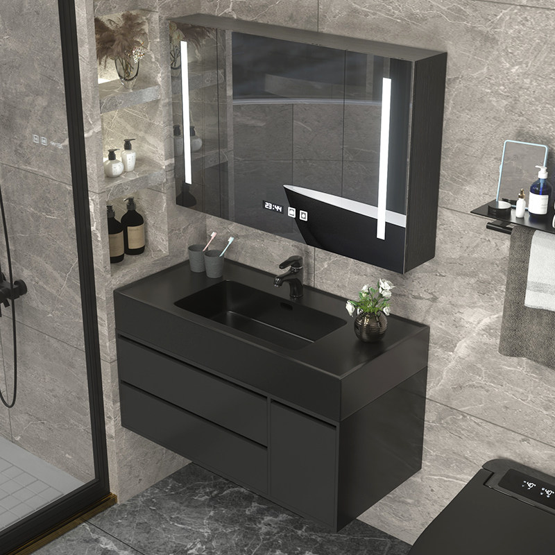 Black color light luxury smart European bathroom cabinet combination simple modern powder room mirror cabinet rock integrated washstand