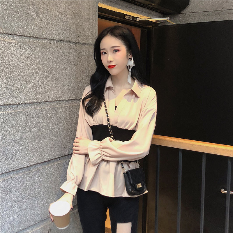 Phiên bản Hàn Quốc sang trọng áo sơ mi thu đông Hồng Kông hương vị retro eo sừng dài tay nữ 2018 mới nước ngoài nhỏ áo thủy triều áo sơ mi kaki