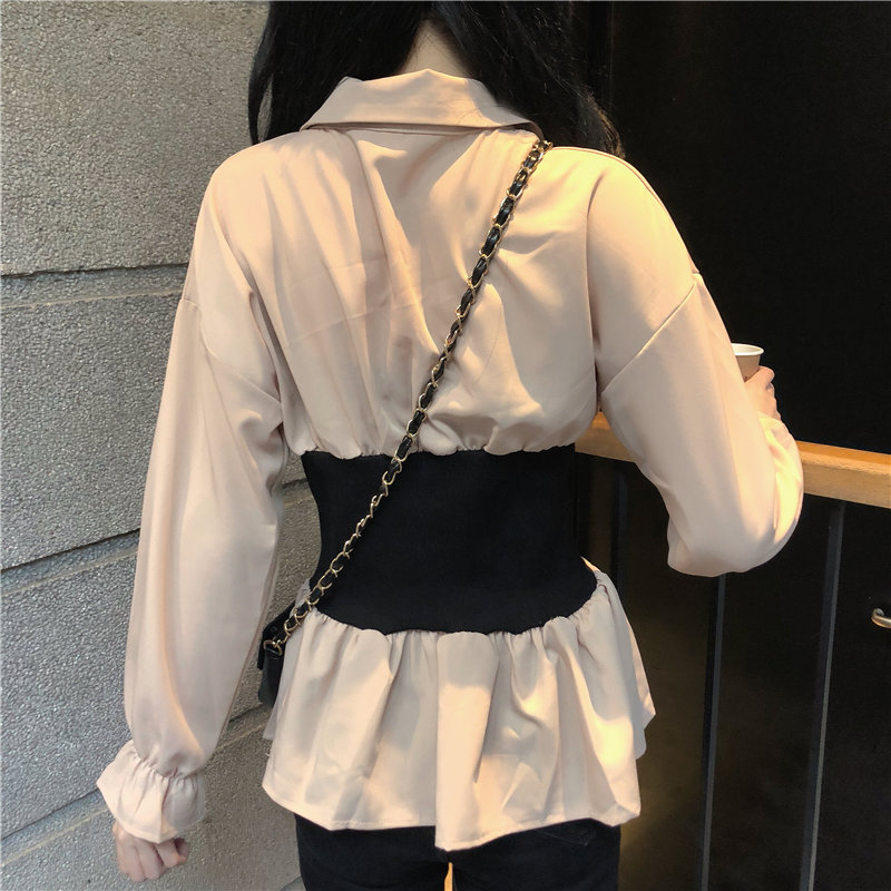 Phiên bản Hàn Quốc sang trọng áo sơ mi thu đông Hồng Kông hương vị retro eo sừng dài tay nữ 2018 mới nước ngoài nhỏ áo thủy triều áo sơ mi kaki