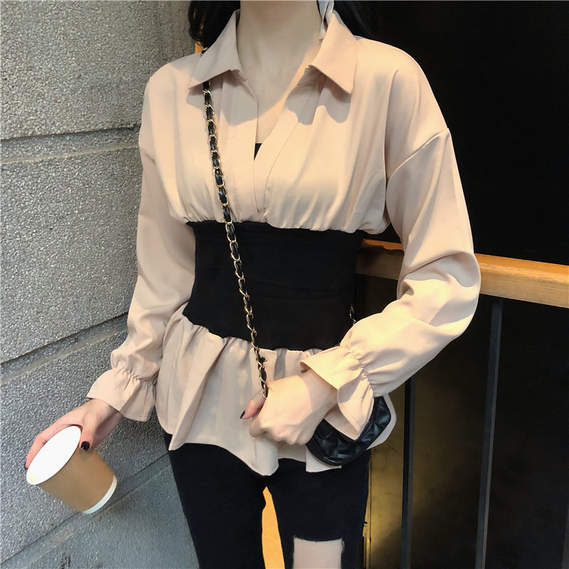 Phiên bản Hàn Quốc sang trọng áo sơ mi thu đông Hồng Kông hương vị retro eo sừng dài tay nữ 2018 mới nước ngoài nhỏ áo thủy triều áo sơ mi kaki