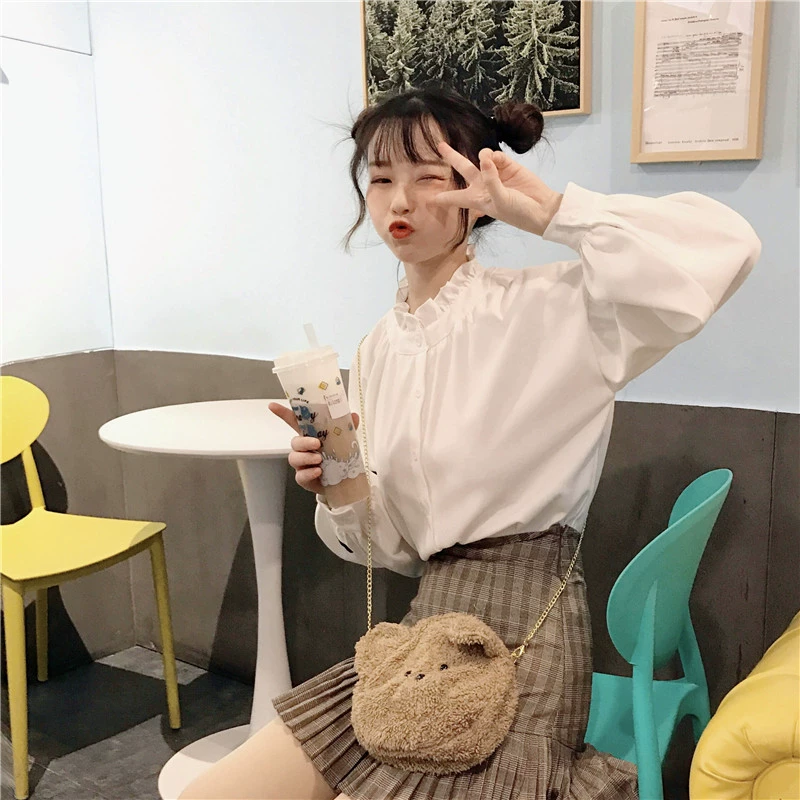 Xuân-Hè 2018 nữ phiên bản Hàn Quốc của chiếc quạt dễ thương mềm mại thêu em bé đứng cổ áo dài tay áo sơ mi dài tay bé nhỏ tươi tắn