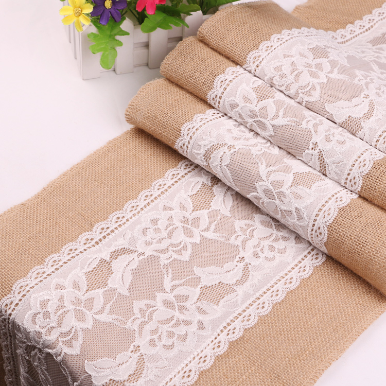 Foreign trade Export Decorative Hemp Cloth Table Flag Wedding Venue Decoration Wedding Celebration Items Lace Lace Jute Cloth Table Banner-Taobao